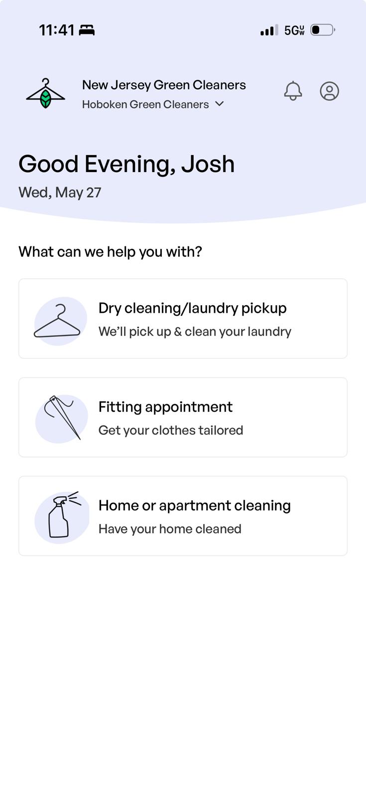New Jersey Green Cleaners mobile app — home screen with dry cleaning pickup, fitting appointment, and home cleaning options