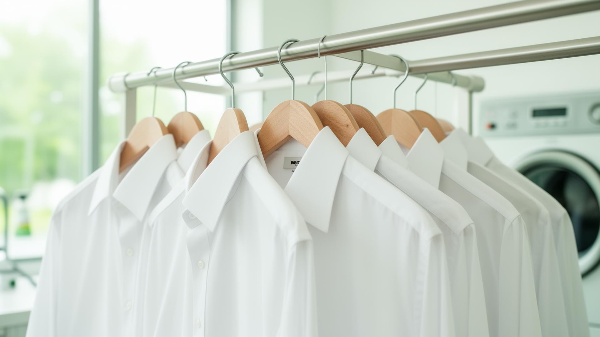 Pressed white shirts on wooden hangers in a bright eco-friendly dry cleaning studio